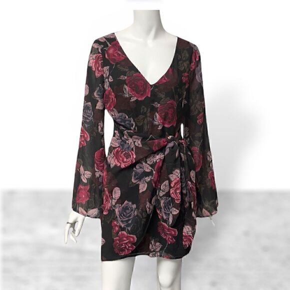 Guess Wide Long Sleeve V Neck Floral Mini Dresd - Picture 1 of 7